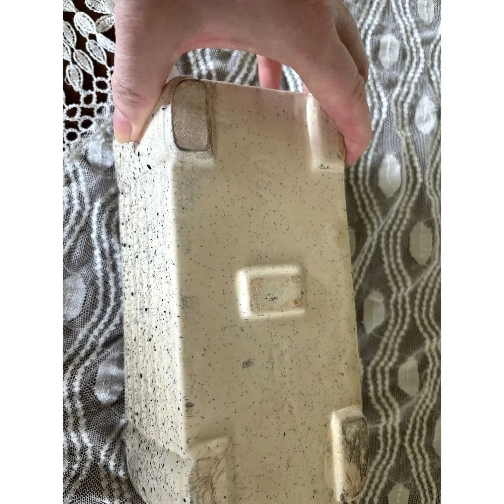 Vintage USA Pottery Loaf Pan Speckled Stoneware Bread Baker Cream Black Splatter